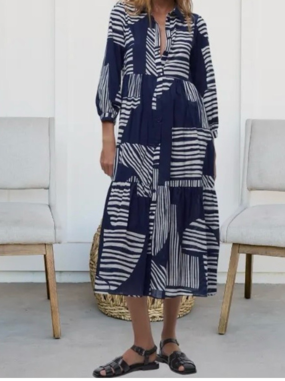 Zara Navy and White Striped Button-Front Tiered Maxi Dress